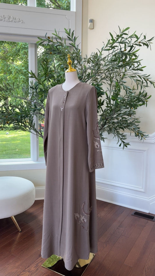 Taupe Embroidered Classic Abaya – Subtle & Floral Detail