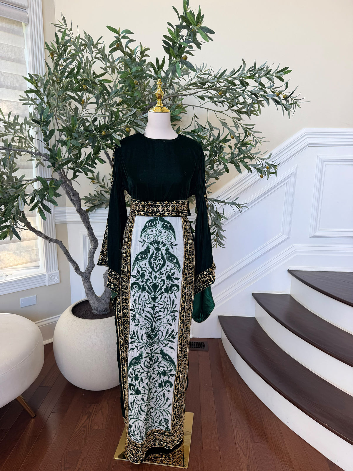 Elegant Black Velvet Thobe with Emerald Green Embroidery and Gold Detailing