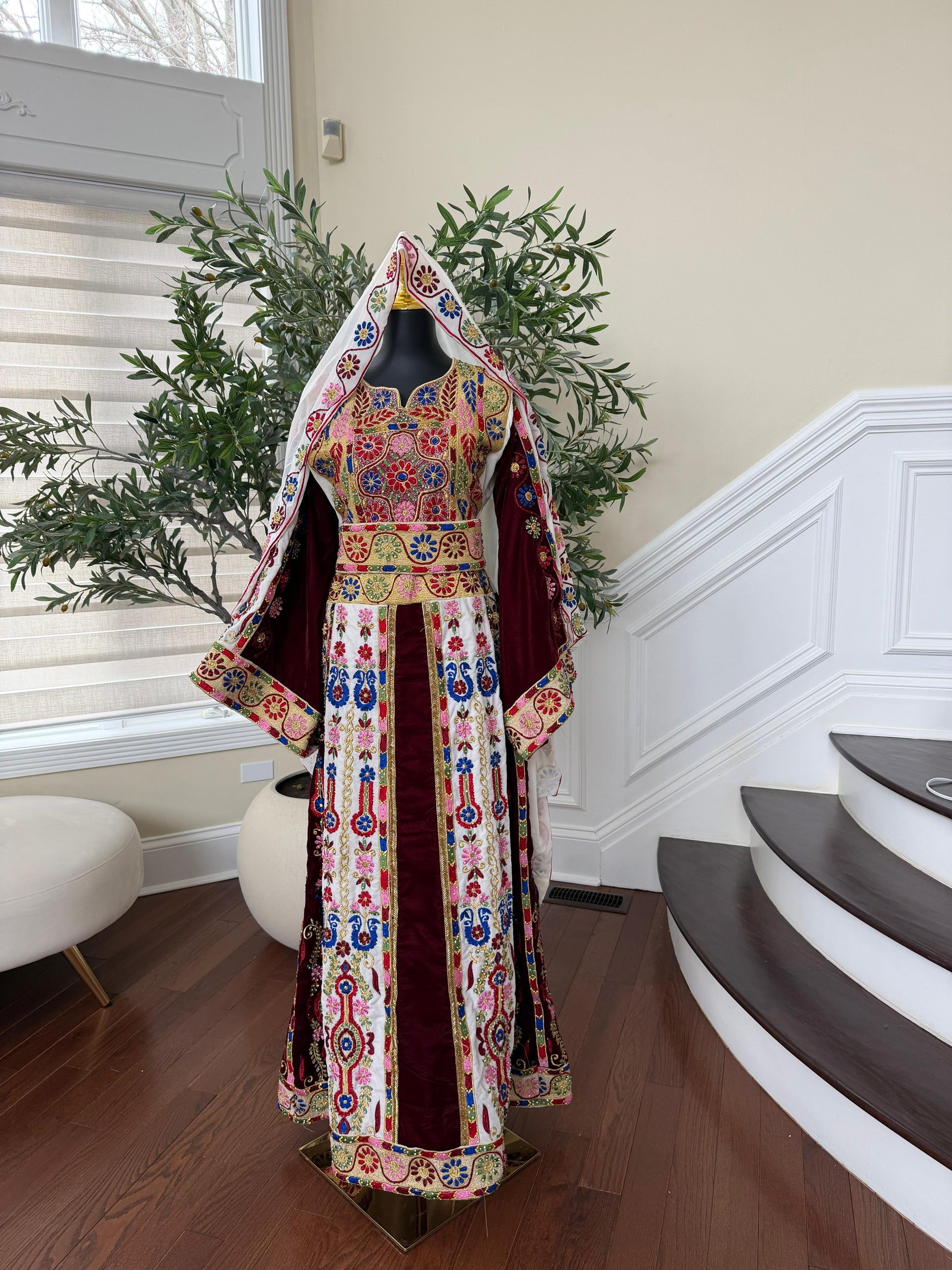 Velvet Maroon and White Traditional Tatreez Sabal Kharaz Detail Thobe