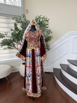 Velvet Maroon and White Traditional Tatreez Sabal Kharaz Detail Thobe