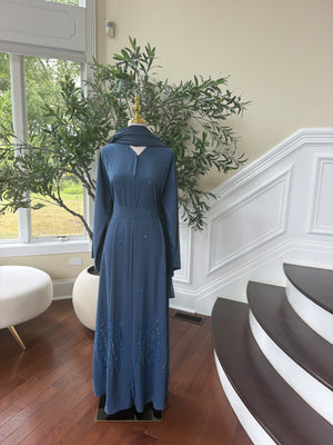 Blue Elegance Charm Beaded Nade Fabric Abaya