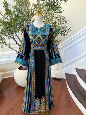Black Embroidery Tatreez Traditional Blue Thobe