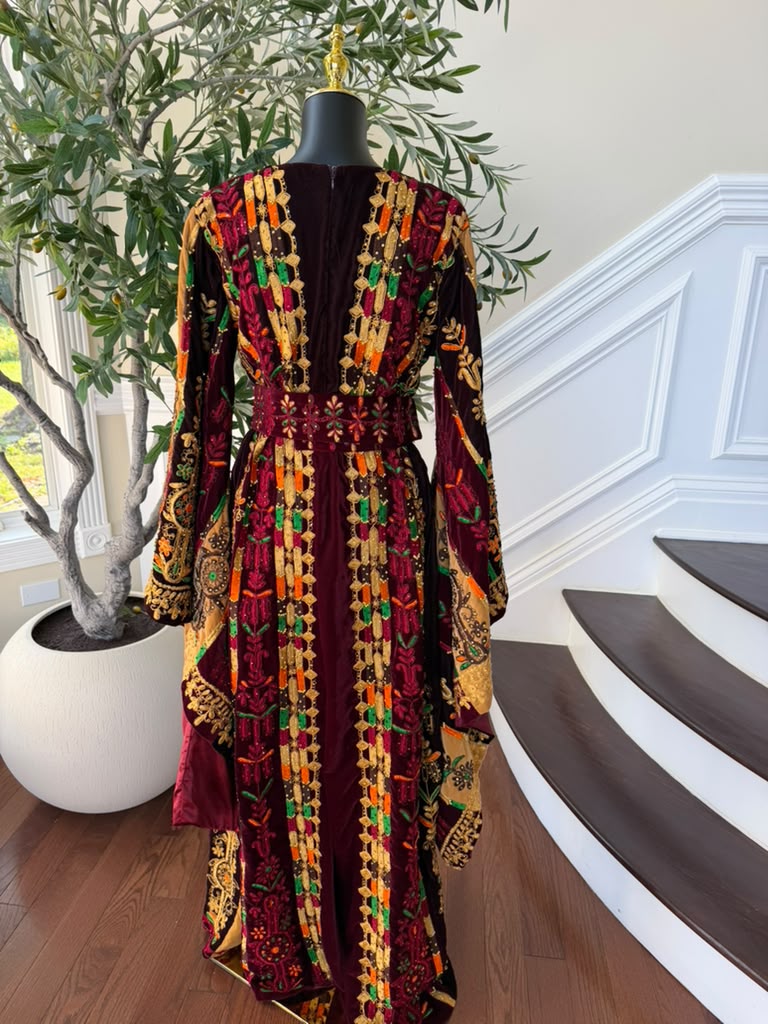 Burgundy Velvet Embroidery Tatreez Thobe