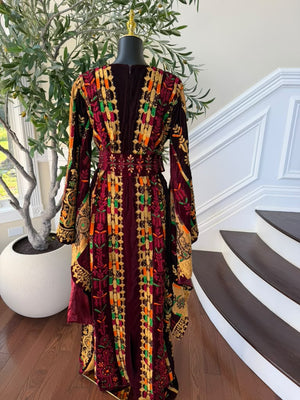 Burgundy Velvet Embroidery Tatreez Thobe