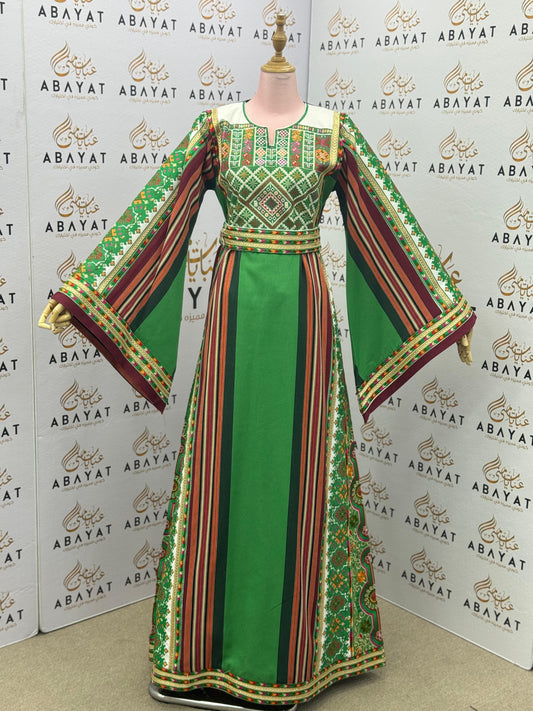 Palestinian Thobe – Green with Multicolor Embroidery & Stripes A09082025
