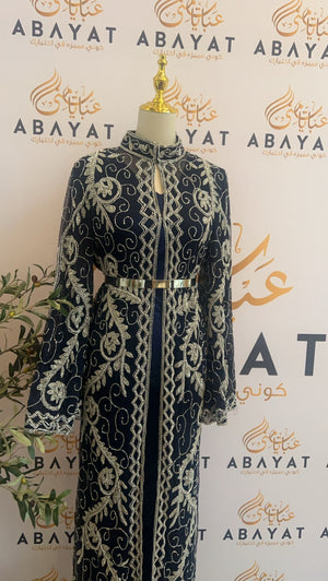 Navy Blue Beaded Two Piece Cardigan Abaya