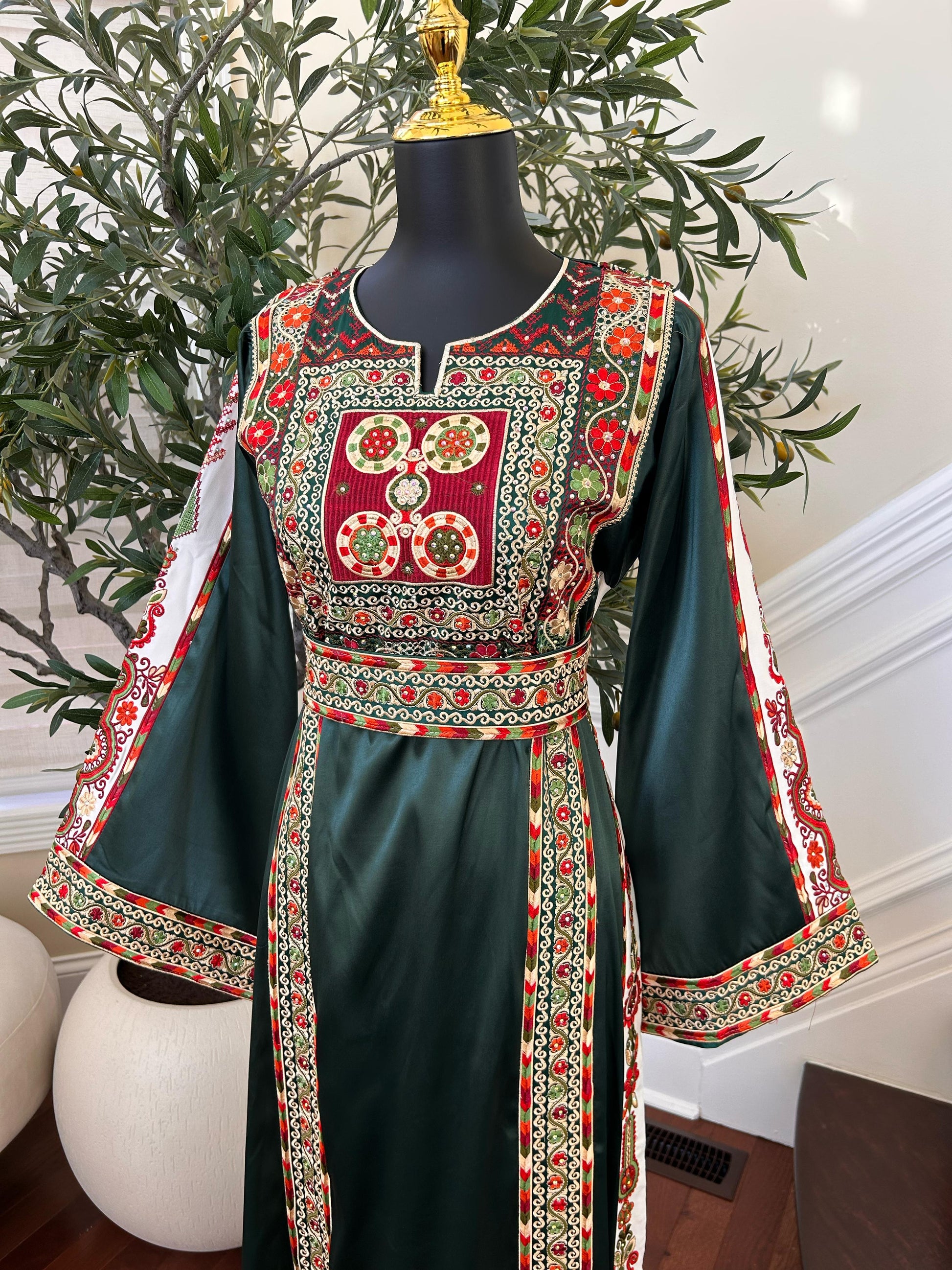 Green Satin Tatreez Embroidered Thobe