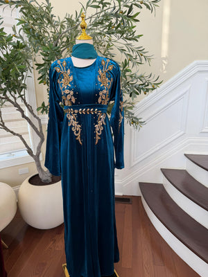 Turquoise Golden Crystal Two Piece Beaded Abaya
