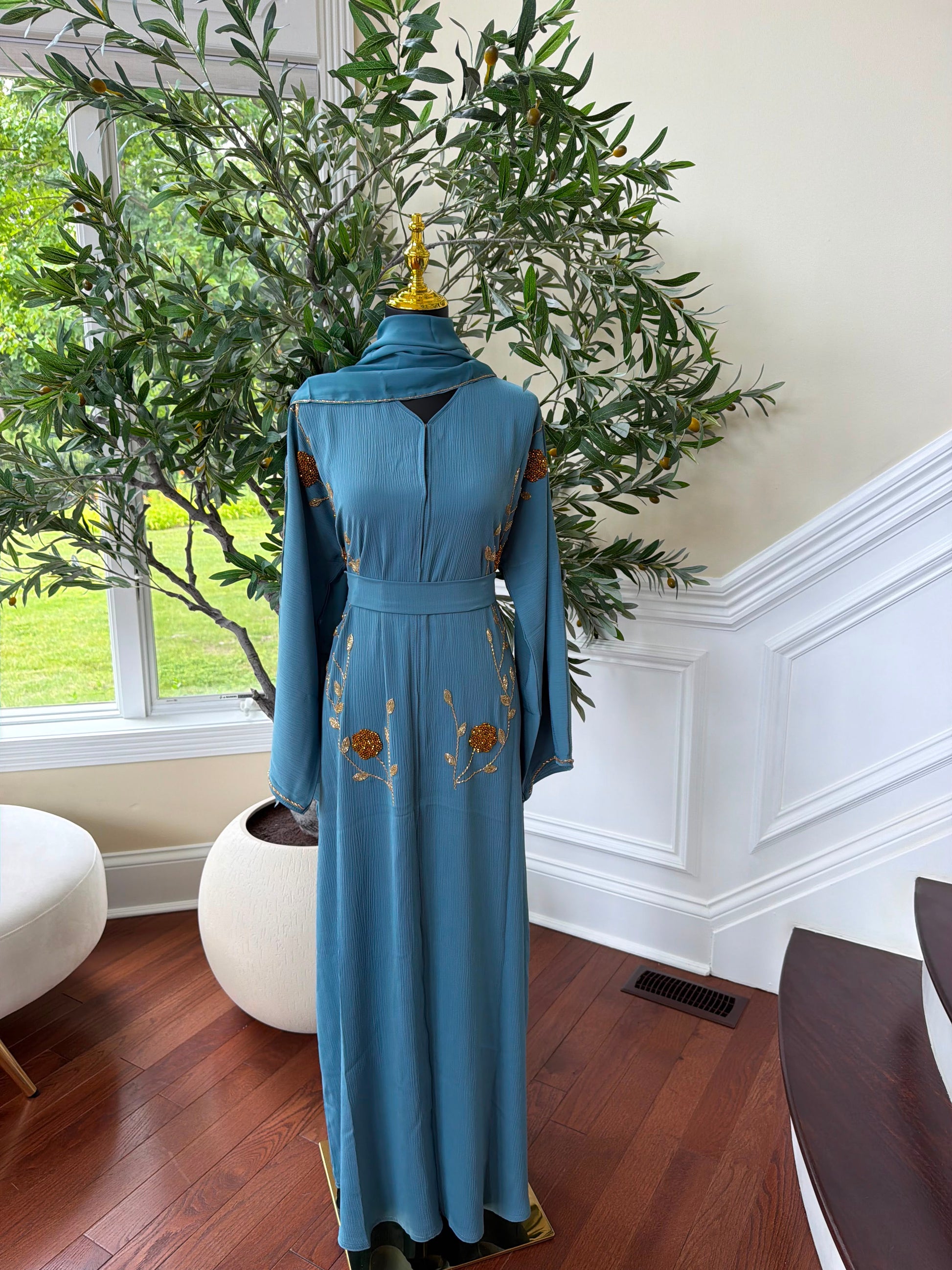 Deep Sky Golden Floral Abaya
