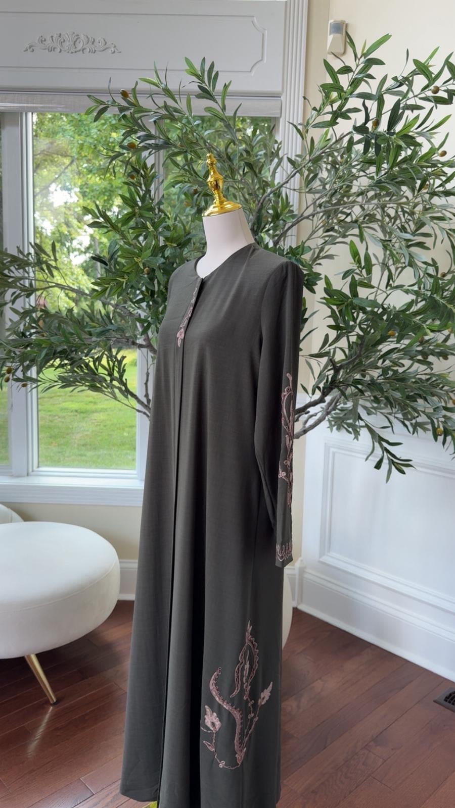 Olive Blush Embroidered Abaya – Soft Grace
