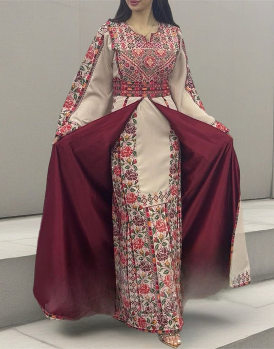 Floral & Cream Tatreez Thobe with Open Front Skirt