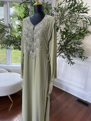 Elegant Sage Green Embroidered Kaftan – Formal Occasion Wear