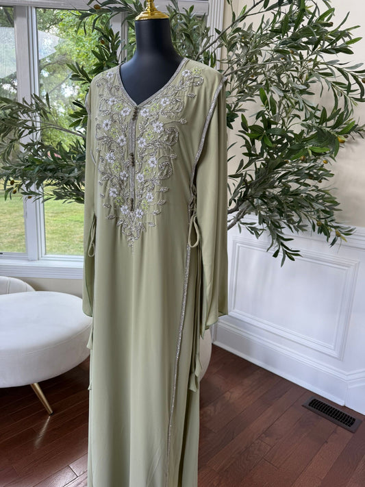 Elegant Sage Green Embroidered Kaftan – Formal Occasion Wear