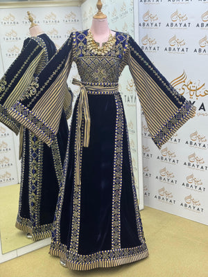 Premier Velvet Palestinian Thobe – Navy with Gold Detailing