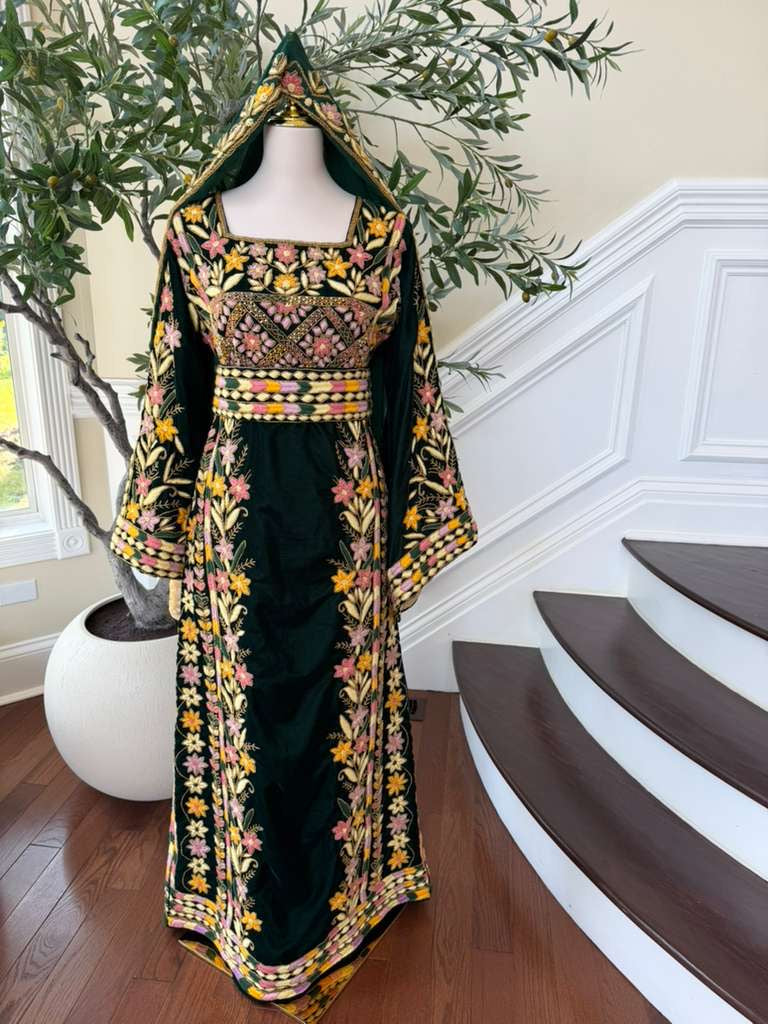 Velvet Green Embroidery Stone Beaded Thobe
