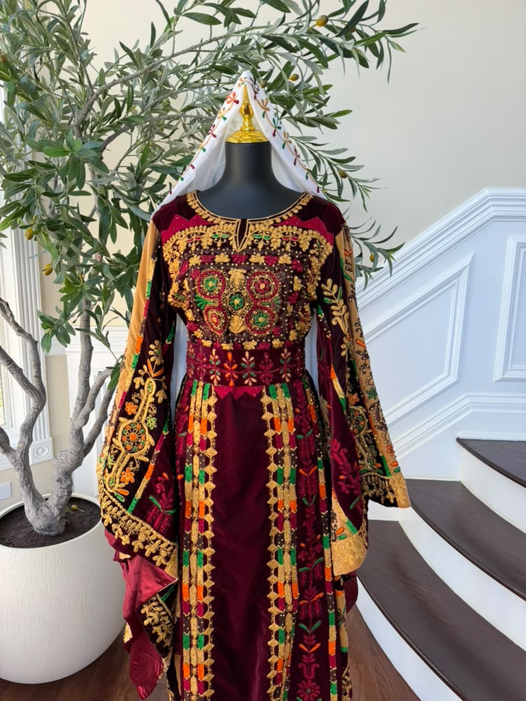 Burgundy Velvet Embroidery Tatreez Thobe
