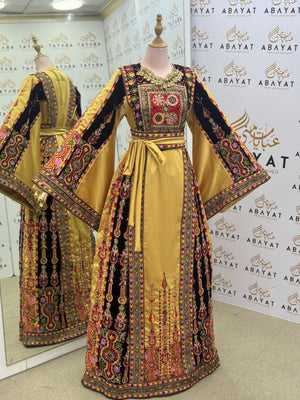 Premium Palestinian Malakah Thobe – Gold Satin & Black Velvet Embroidery