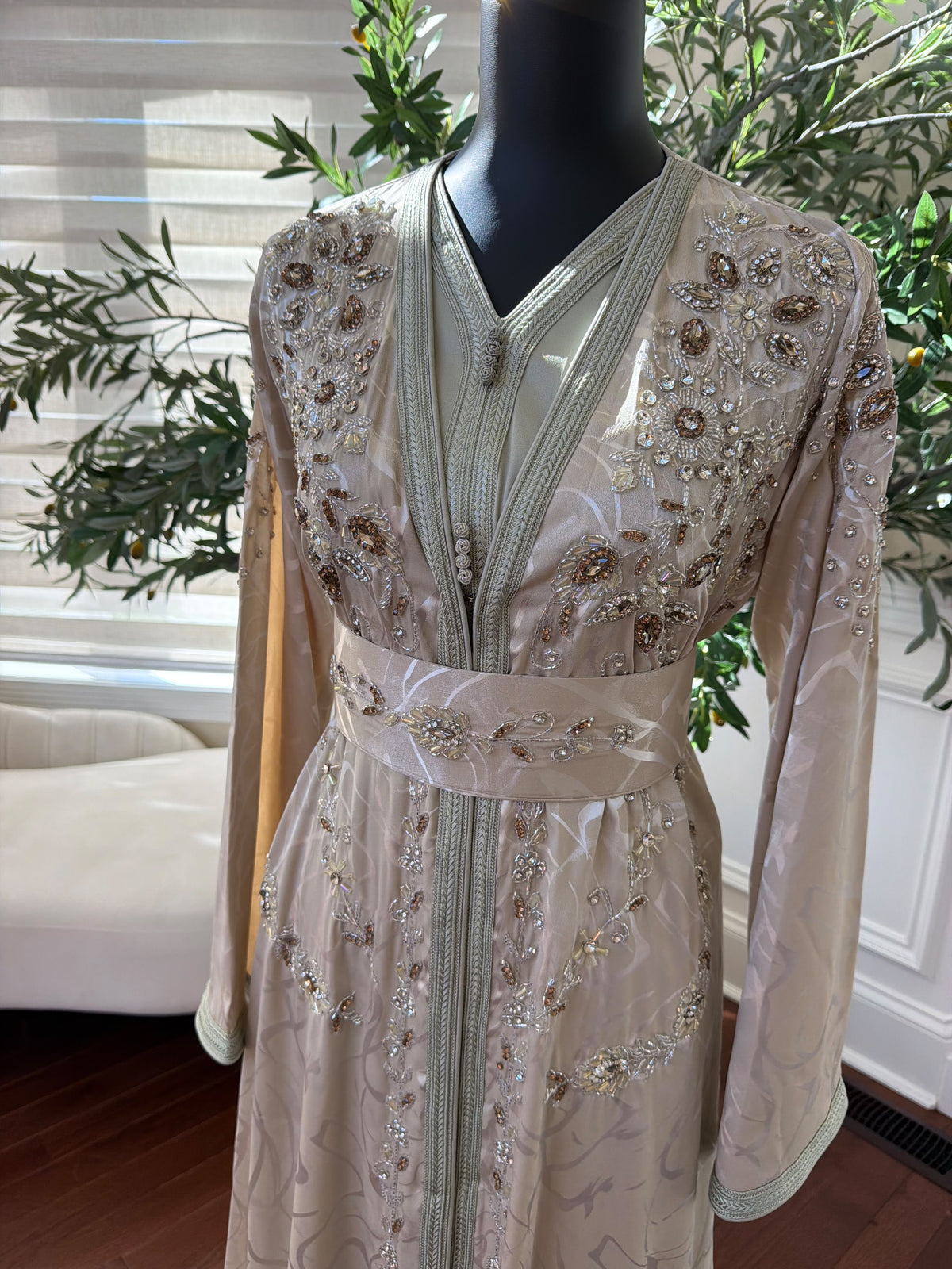 Elegant Champagne Beige Embroidered Moroccan Kaftan