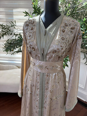 Elegant Champagne Beige Embroidered Moroccan Kaftan