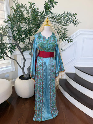 Elegant Sky Blue Satin Thobe with Intricate Green and Pink Floral Embroidery, Burgundy Belt(scarf not included)