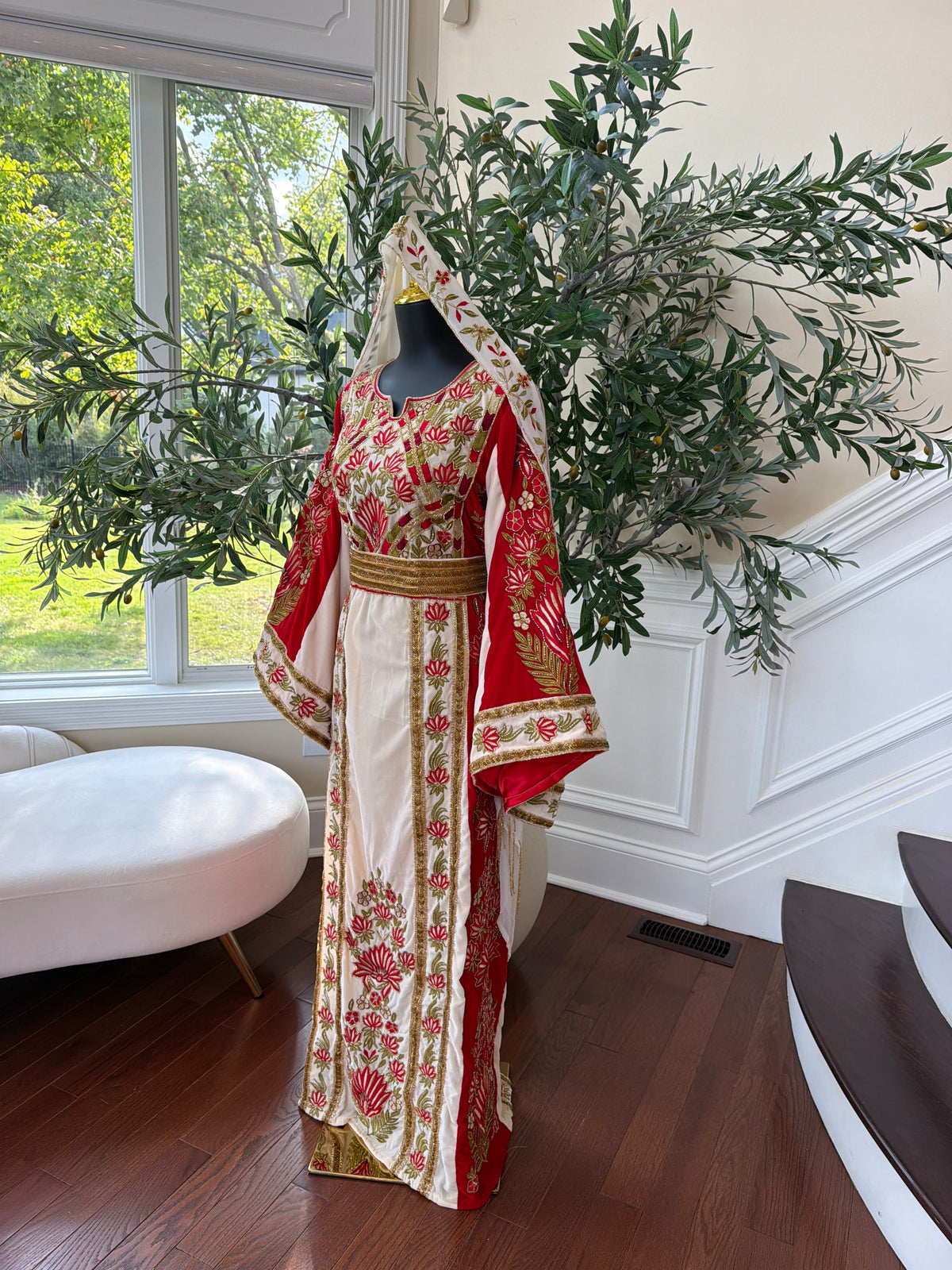 Elegant Cream and Red Thobe with Gold Floral Embroidery(scarf not included)