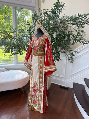 Elegant Cream and Red Thobe with Gold Floral Embroidery(scarf not included)