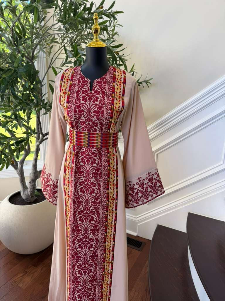 Beige Red Tatreez Elegance Thobe
