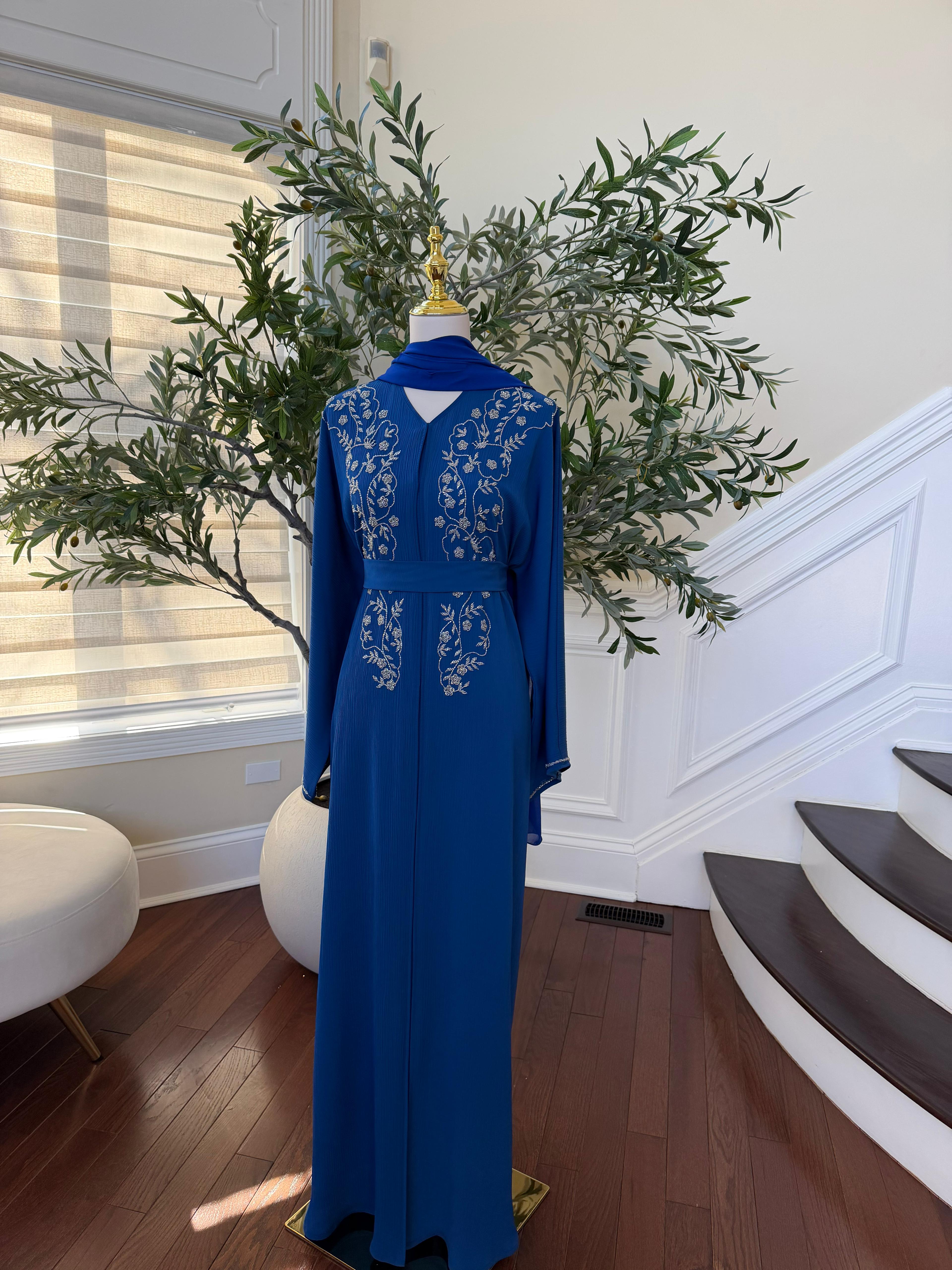 Blue Floral Charm Beaded Abaya