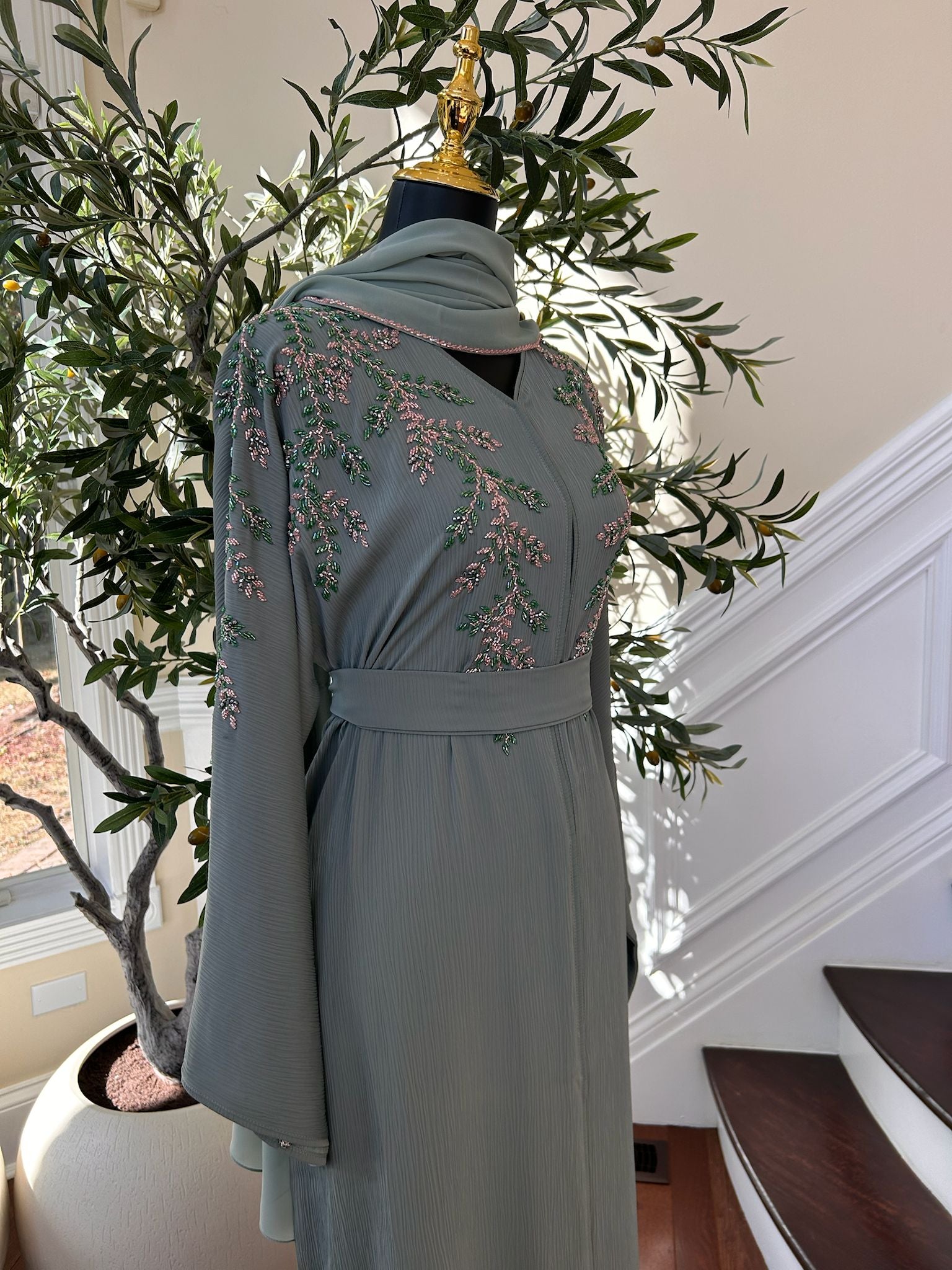 Mint Green Elegance Beaded Charm Abaya