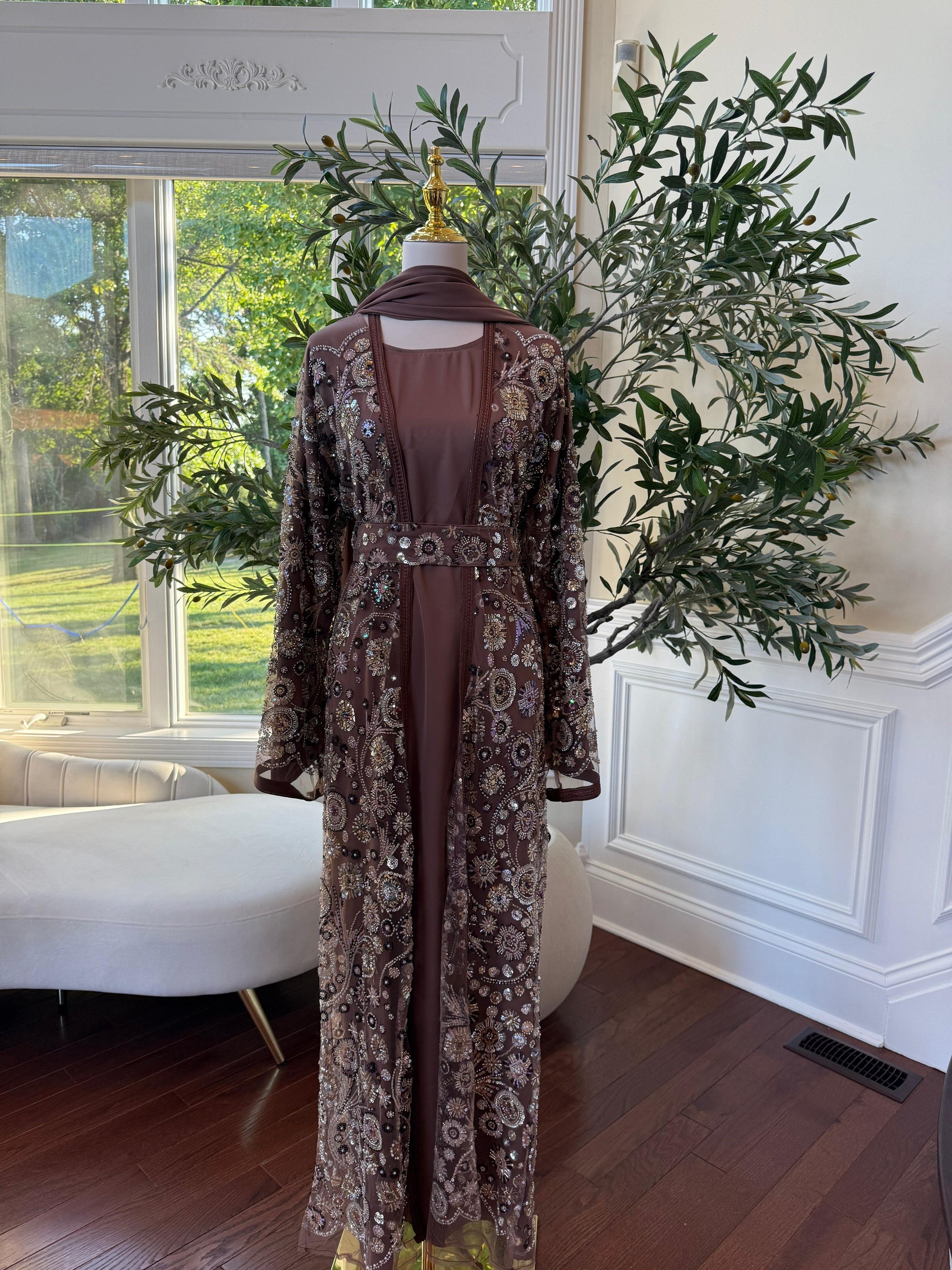 Mocha Crystal Sequin Abaya