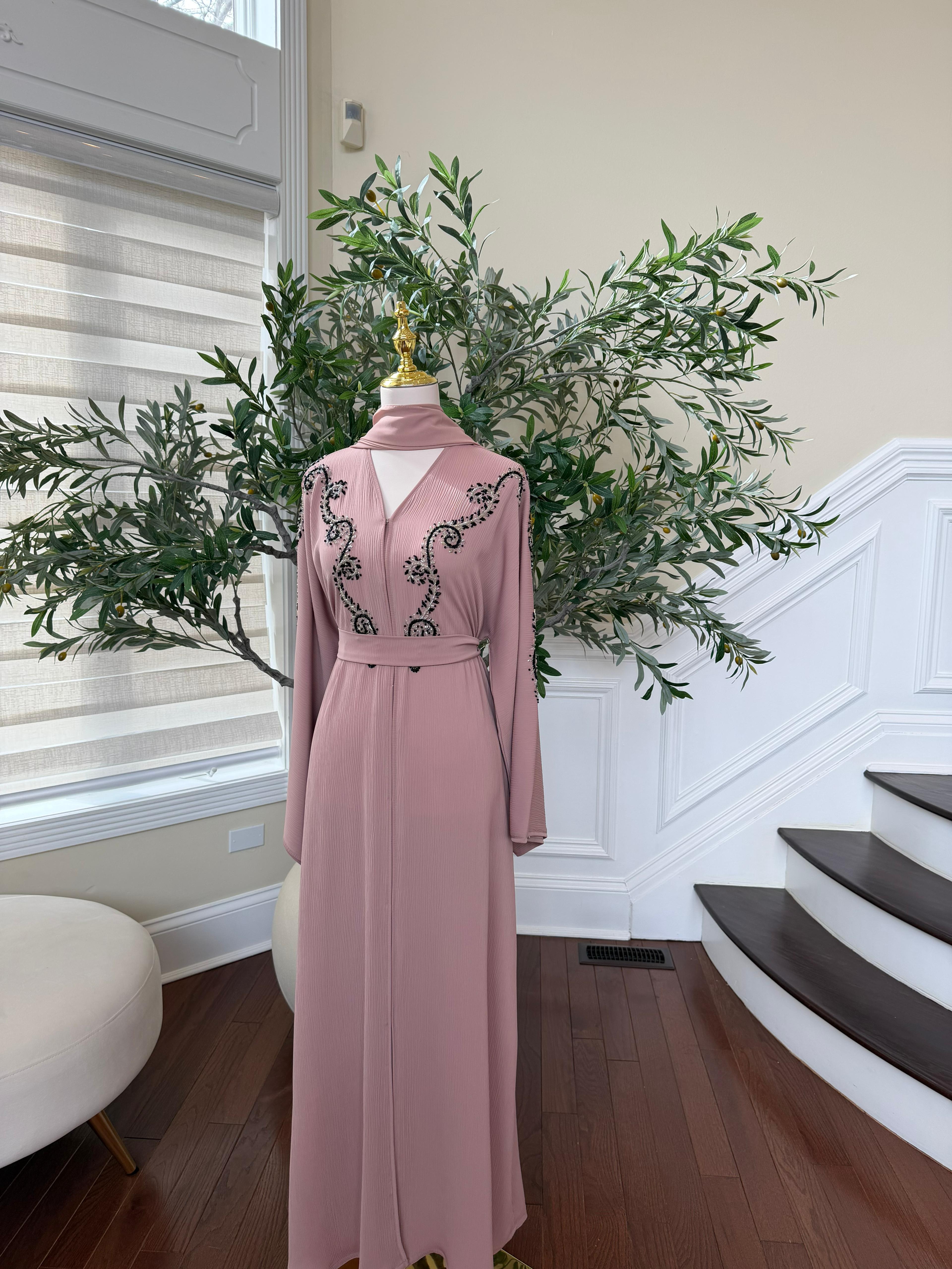 Peach Essence Black Beaded Abaya