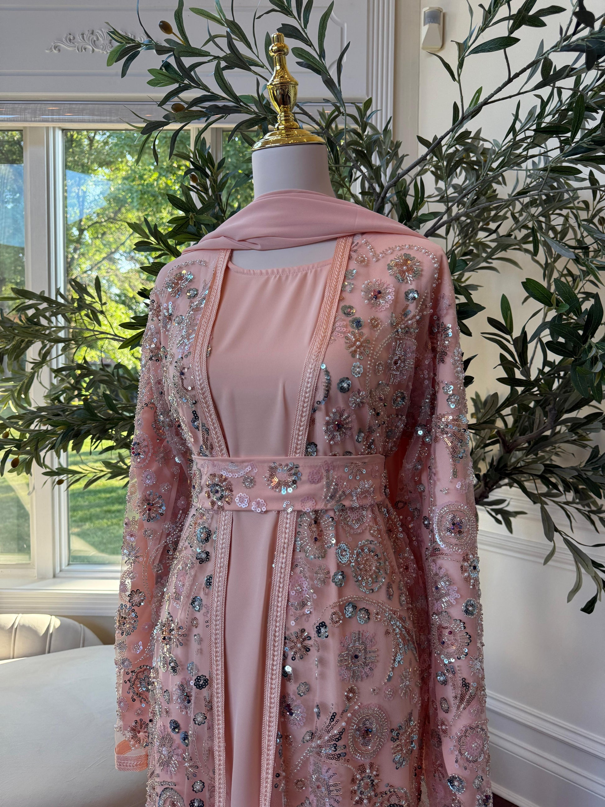 Peach Floral Sequin Detail Abaya