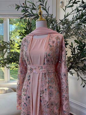 Peach Floral Sequin Detail Abaya
