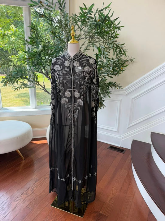Black Beaded Elegance Cardigan Abaya