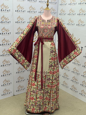 Burgundy & Cream Palestinian Embroidered Thobe | Floral Heritage Design A09052025