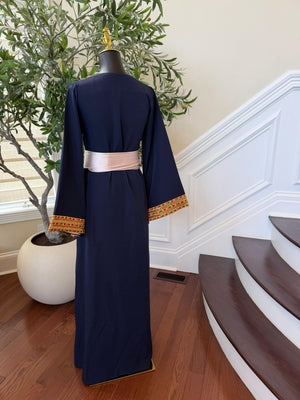 Navy Blue Embroidery Sabal Kharaz Thobe
