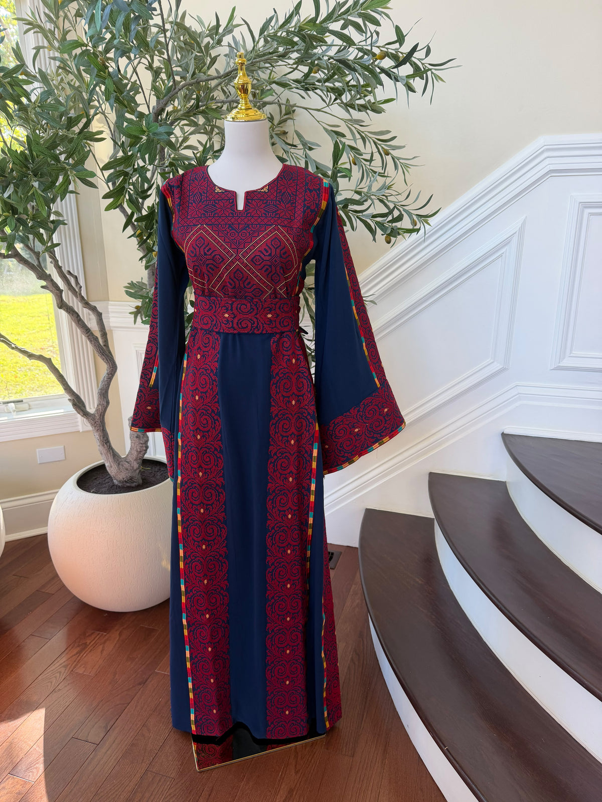 Elegant Navy & Red Embroidered Palestinian Thobe Dress