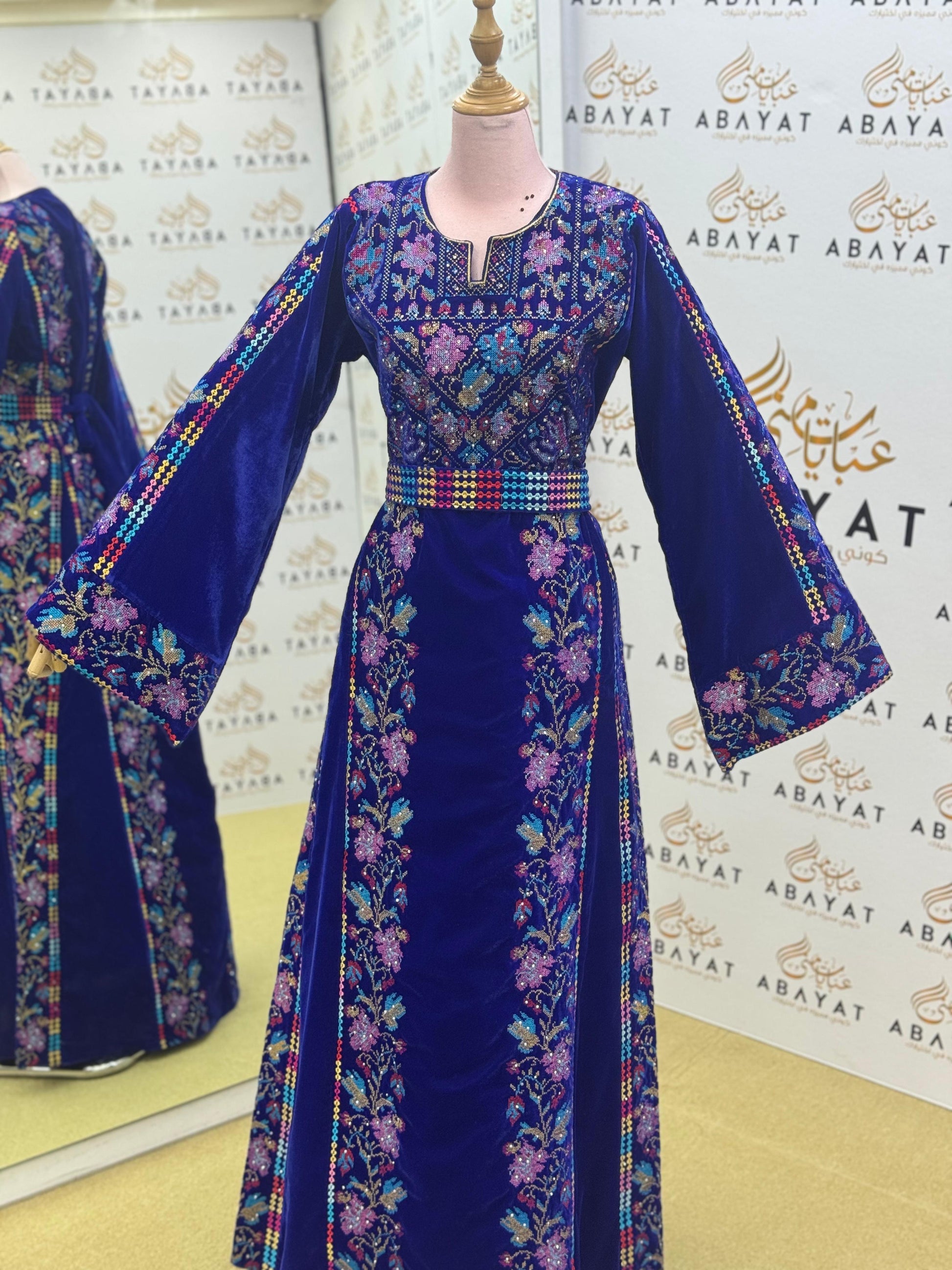 Premier Velvet Thobe With Wide Sleeves & Floral Tatreez