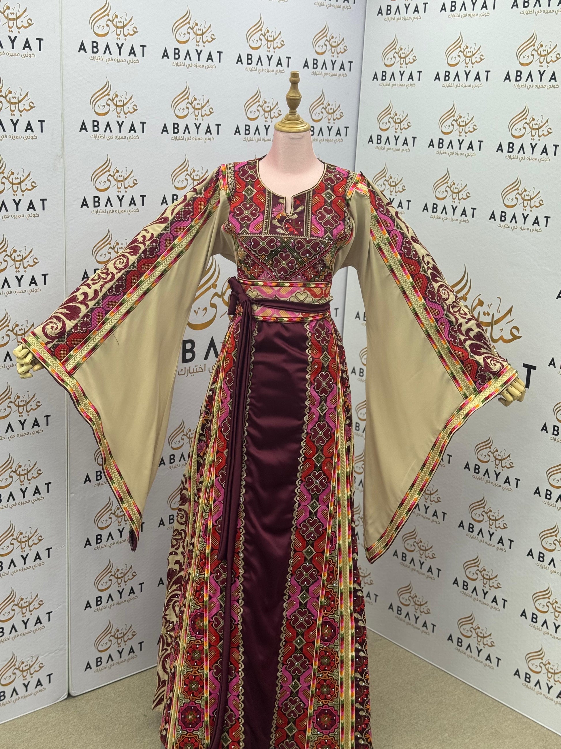 Burgundy & Beige Palestinian Embroidery Thobe – Colorful Geometric Elegance A09092025