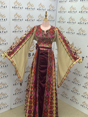 Burgundy & Beige Palestinian Embroidery Thobe – Colorful Geometric Elegance A09092025