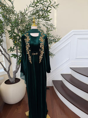 Golden Green Velvet Crystal Two Piece Abaya