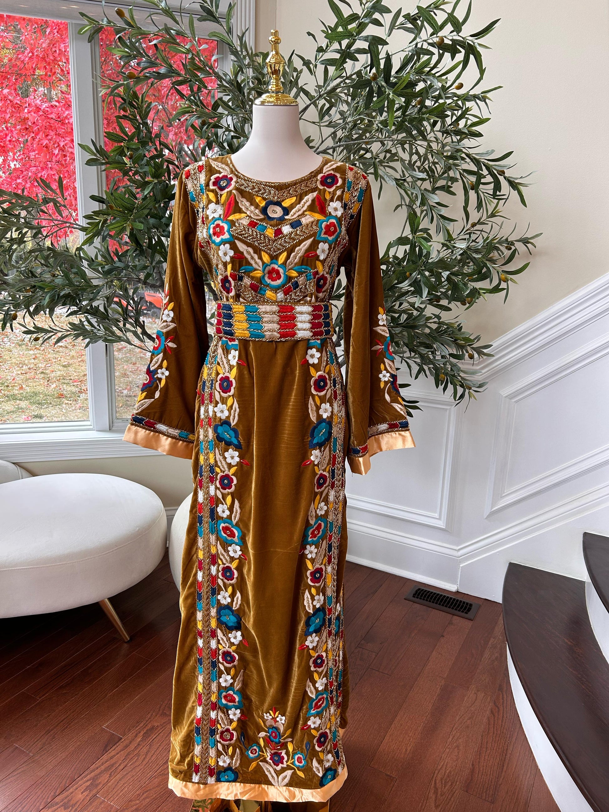 Golden Mustard Velvet Beaded Stone Thobe