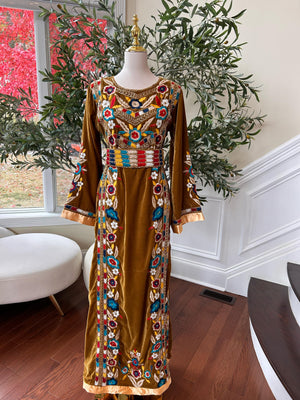 Golden Mustard Velvet Beaded Stone Thobe