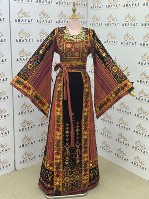 Premium Palestinian Malakah Velvet Thobe – Black & Burgundy Embroidery