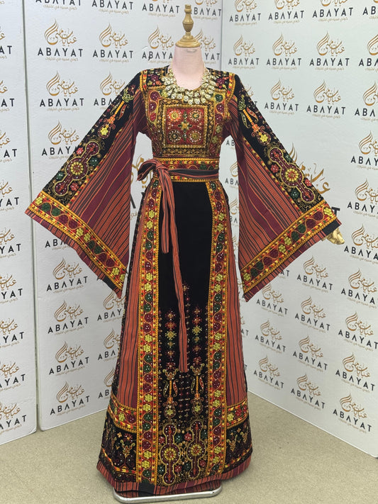 Premium Palestinian Malakah Velvet Thobe – Black & Burgundy Embroidery