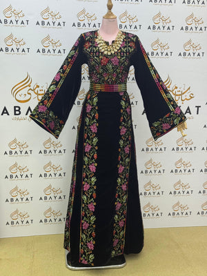 Luxury Black Velvet Thobe – Multicolor Floral Tatreez Design