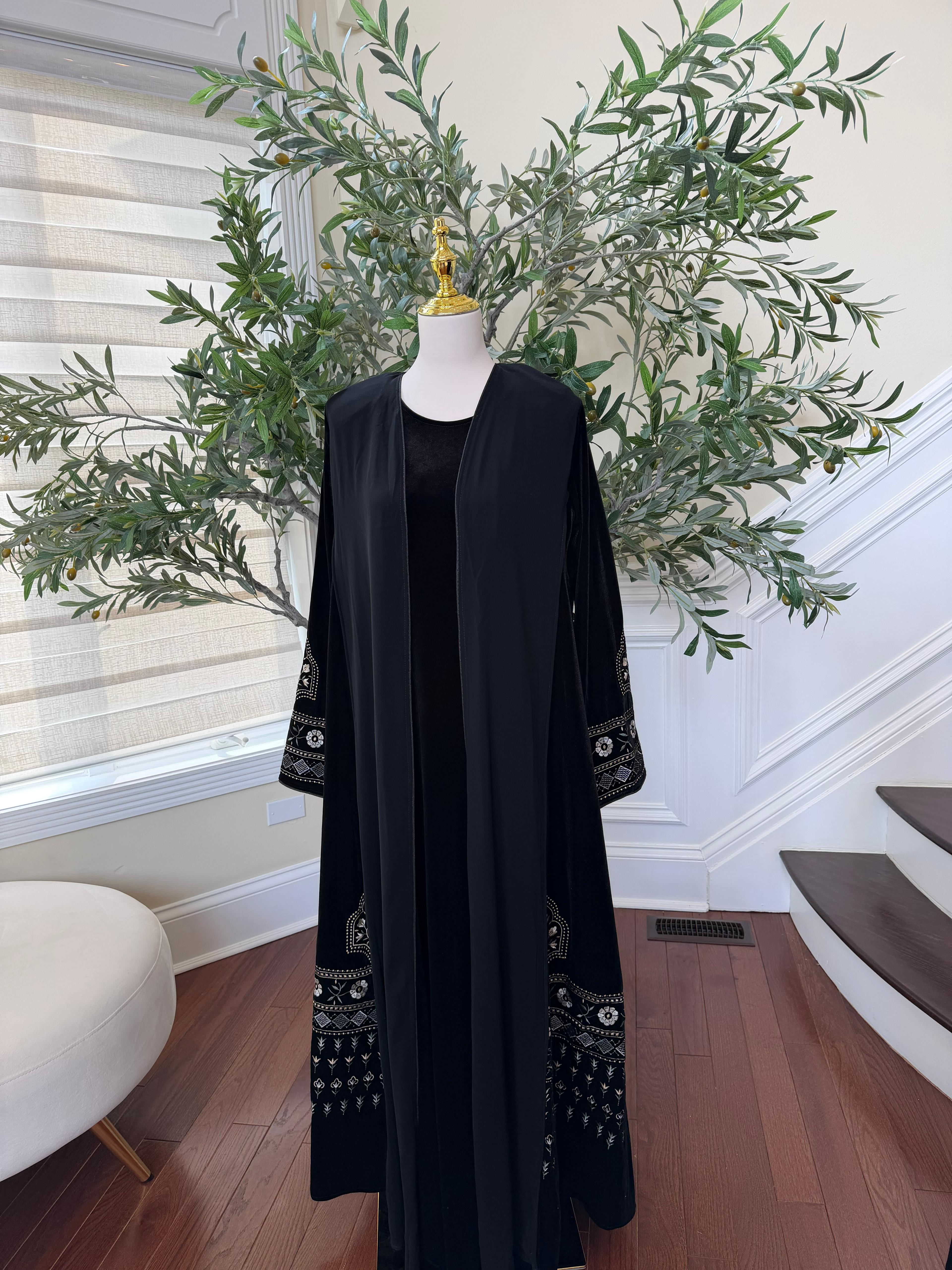 Black Velvet with Chiffon Embroidery Abaya Dress
