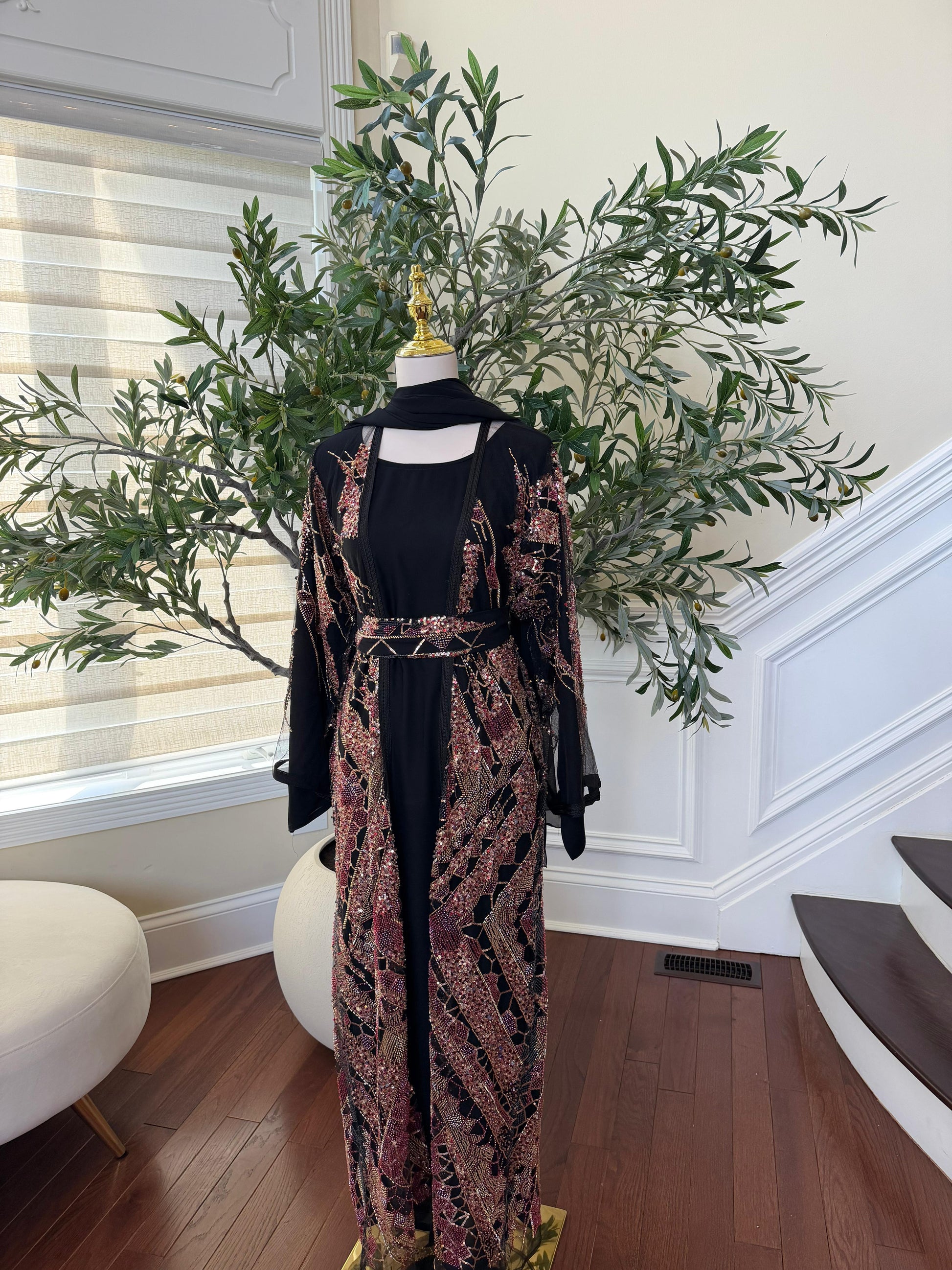 Black Sparkle Rose Beaded Cardigan Abaya