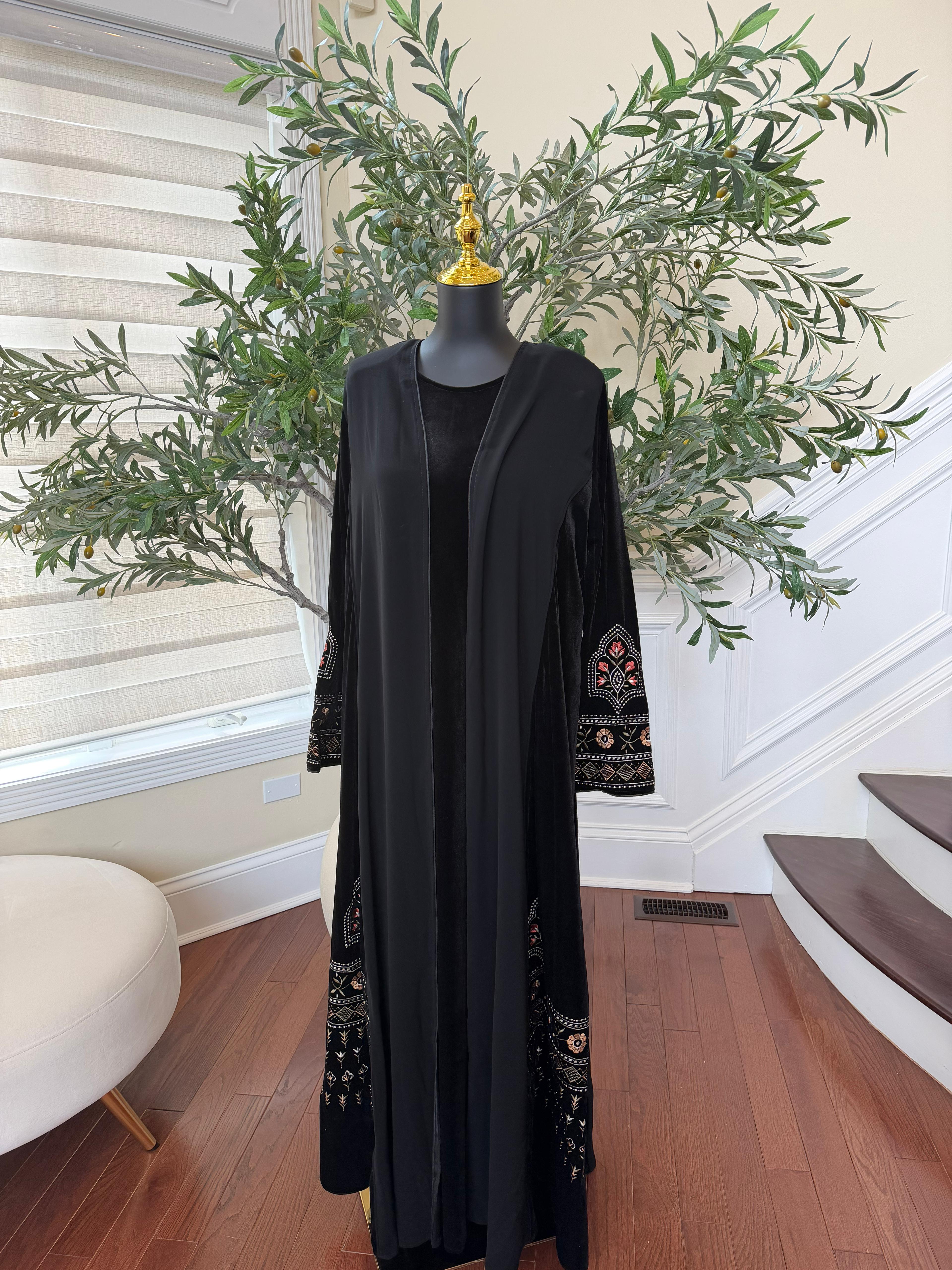 Black Velvet with Chiffon Embroidery Elegance Abaya