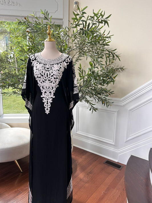 Luxury Black Embroidered White Detail Kuftan Dress